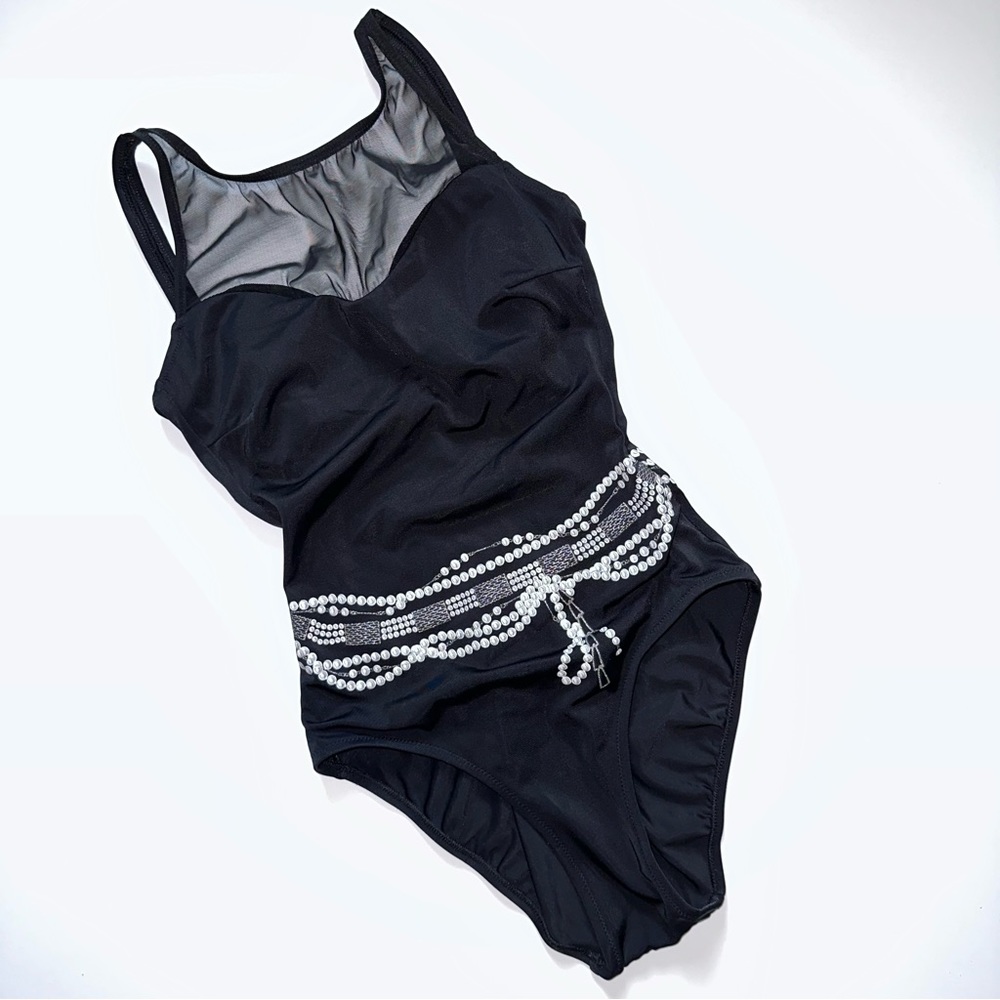 Gottex Black Pearl One Piece Swimsuit Size 6 Mesh Neckline Metallic Print Belt